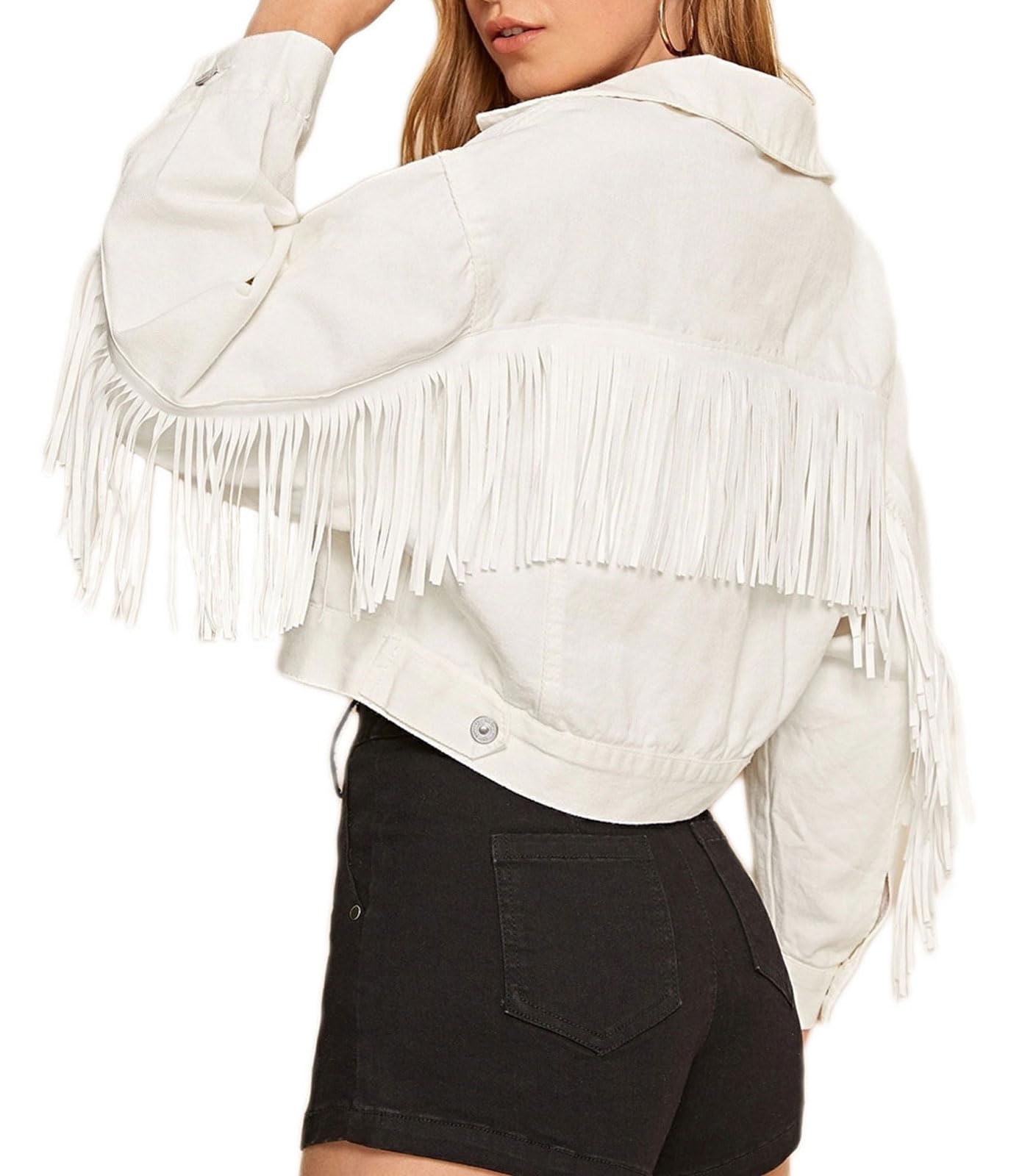 CHARTOU Women's Chic Button Down Tassel Fringe Denim Jean Cropped Jacket