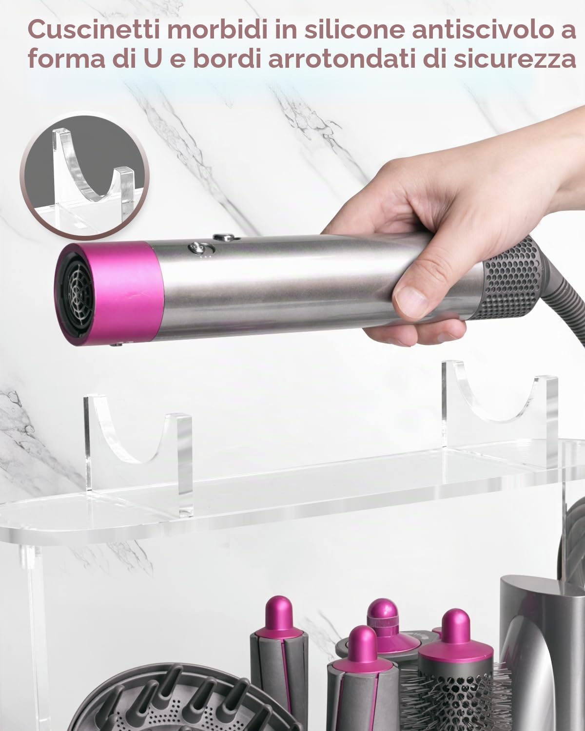Affogato Supporto portaoggetti compatibile con accessori Dyson Airwrap, organizer da tavolo in acrilico a 6 fori, organizer da scrivania per riporre accessori a cilindro lungo per il bagno