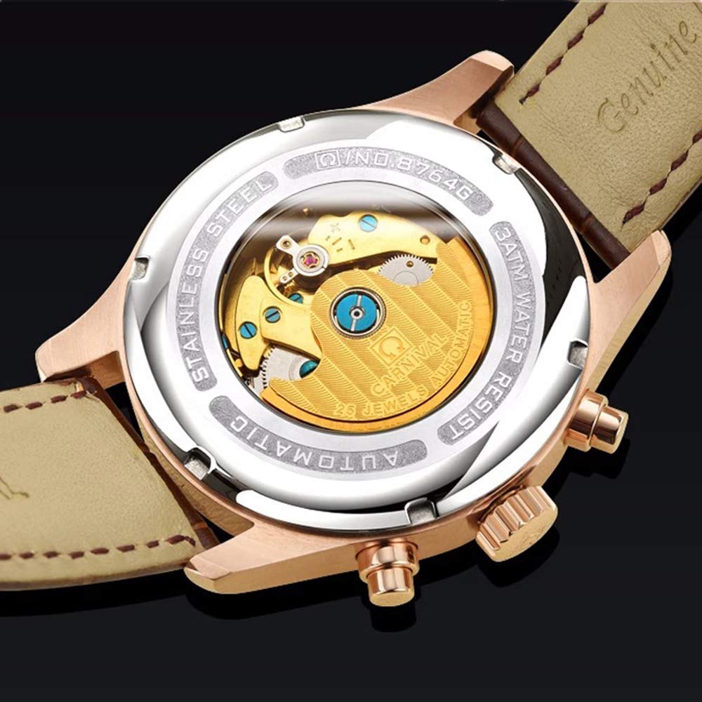 MASTOP Herren Komplikationen Analog Automatische Mechanische Uhr Leuchtender Kalender Echtes Lederband Business Edelstahl Kleid Armbanduhr Klassisch