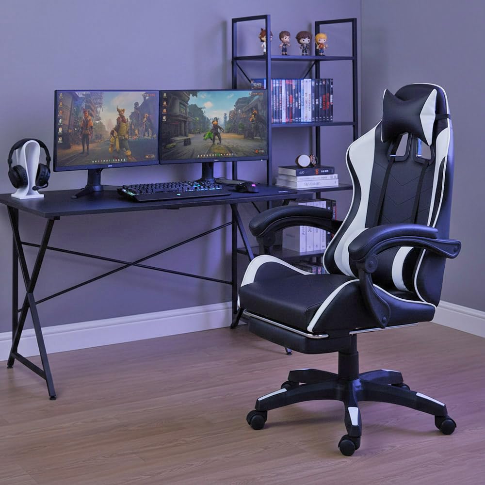 Brigros - Chaise de Gaming Racing Ergonomique inclinable avec accoudoirs, Fauteuil de Bureau pivotant avec roulettes, Repose-Pieds, appuie-tête et Coussin Lombaire en Simili Cuir, portée : 125 kg