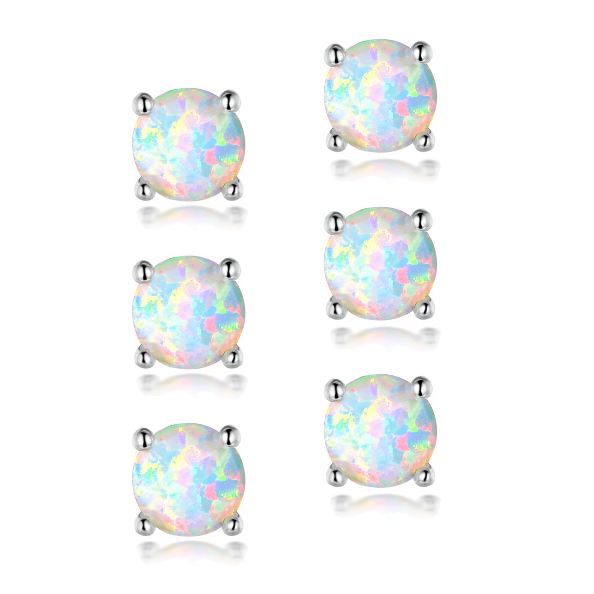 4mm White Fire Opal Stud Earrings Set 18K White Gold Plated Birthstone Gemstone Earrings for Women Men Teens Hypoallergenic 3 Pairs