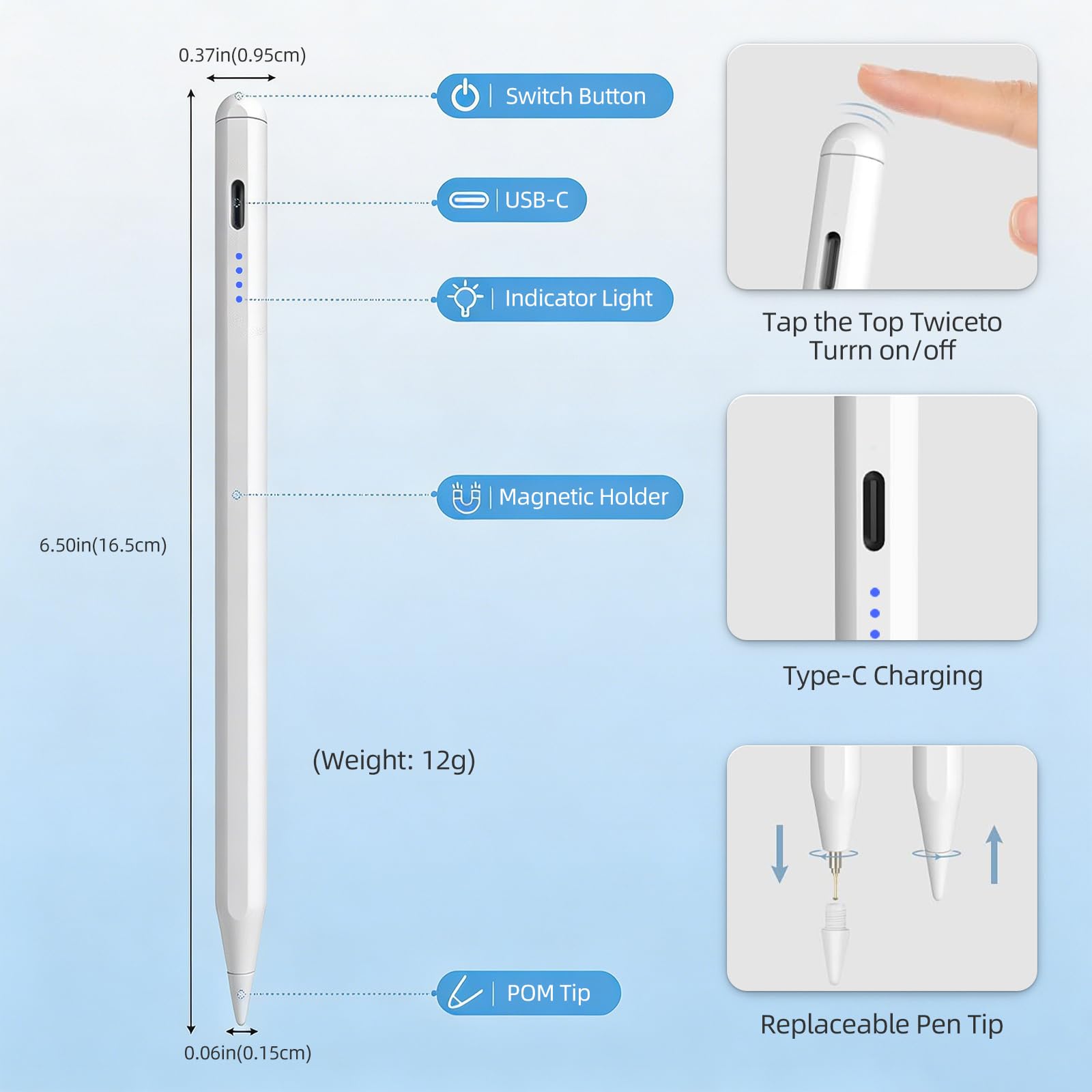 Stylet pour iPad 2018-2026, Précision de Pixe, Reject de Paume, Détection d'inclinaison, Pencil Charge Rapide, Compatible avec iPad 11/10/9/8/7/6/A16, Mini 7/6/5/4, Air M4/M3/M2, Pro M5/M4 13/12.9/11″