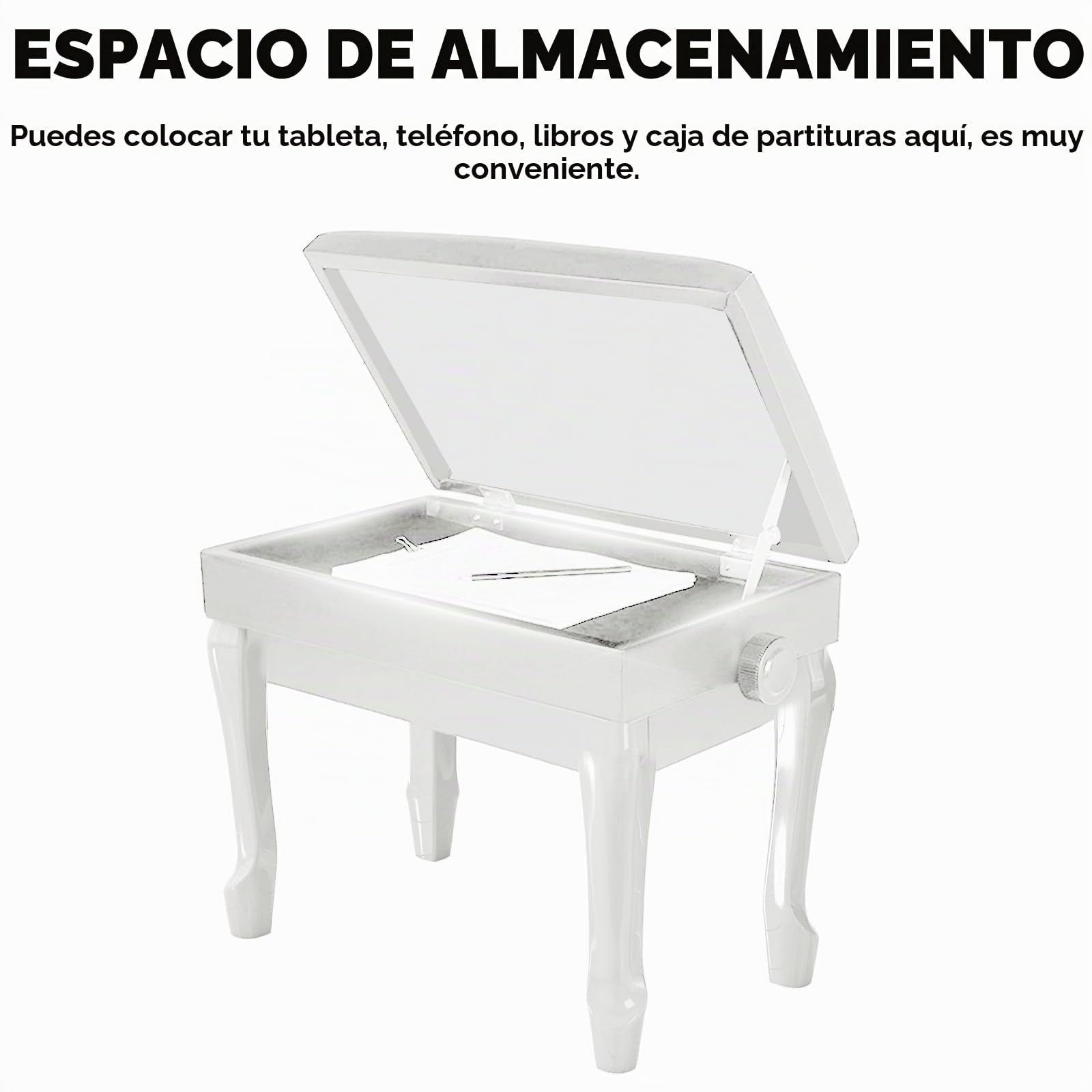Banco de Piano de Cuero PU Engrosado con 10 Botones, Patas Curvas de Madera Maciza Ajustable en Altura, Blanco con Compartimento Almacenamiento