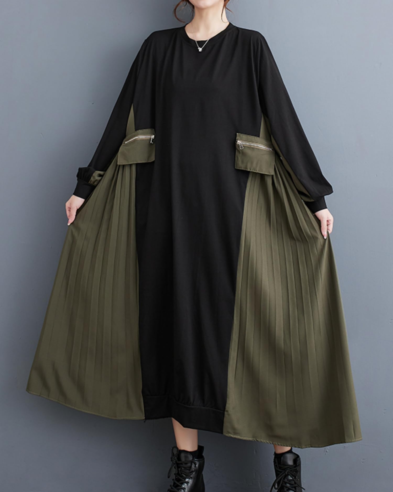 ellazhu Vestido Amplio de Patchwork Estilo Cargo Colorido Cuello Redondo Plisado Dobladillo GZ30 A