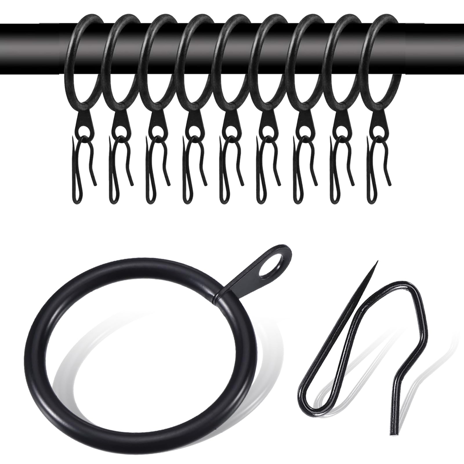 WANXIANG Metal Curtain Rings with Pins,1-1/4 inch Inner Diameter,Fits Up to 1 Inch Rod, Black (Black, 1-1/4 inch)