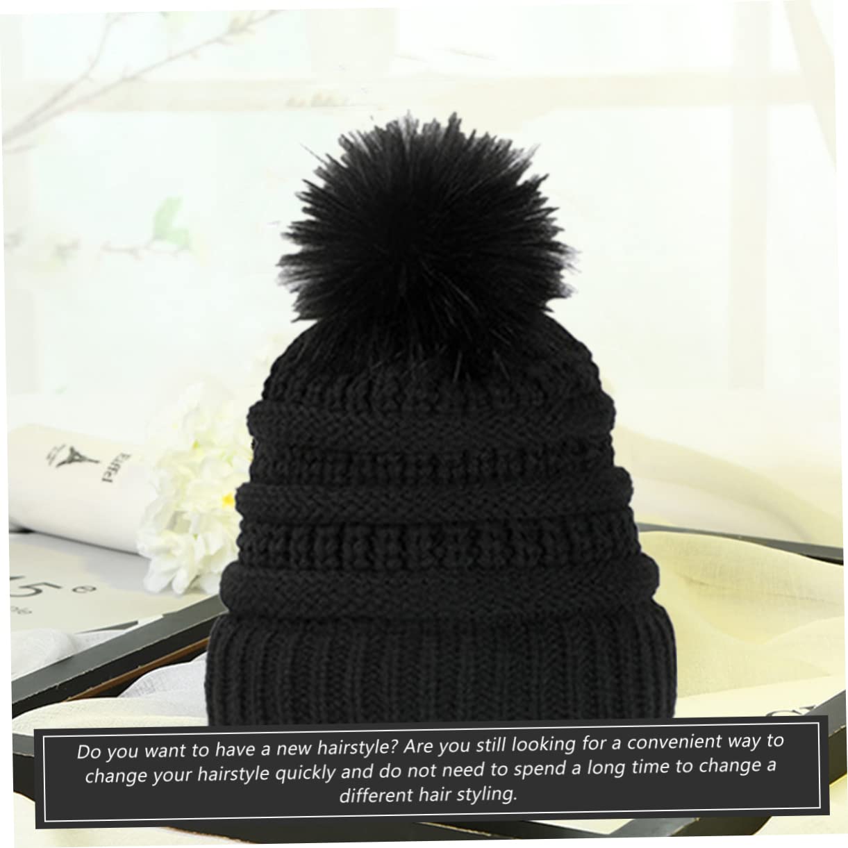 Gorro Cálido de Punto Peluca de Pelo Ondulado y Largo Talla Única Ajustable para Mujer Peluca de Cosplay para Invierno Gorro Desmontable Negro