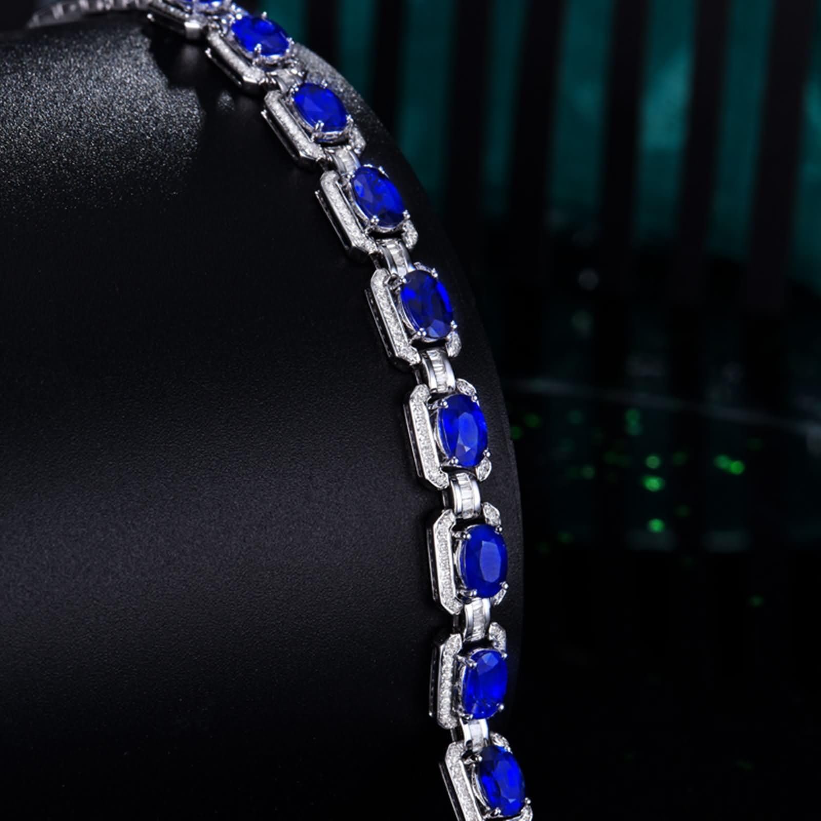 Pulseras de Mujer de Oro Blanco de 9Kilates / 14Kilates / 18Kilates, Rectángulo Oval con Zafiro Creado de 2,33 ct y Diamante, Cadena 16 CM, Pulseras de Cadena Plata Azul Verde Mujer
