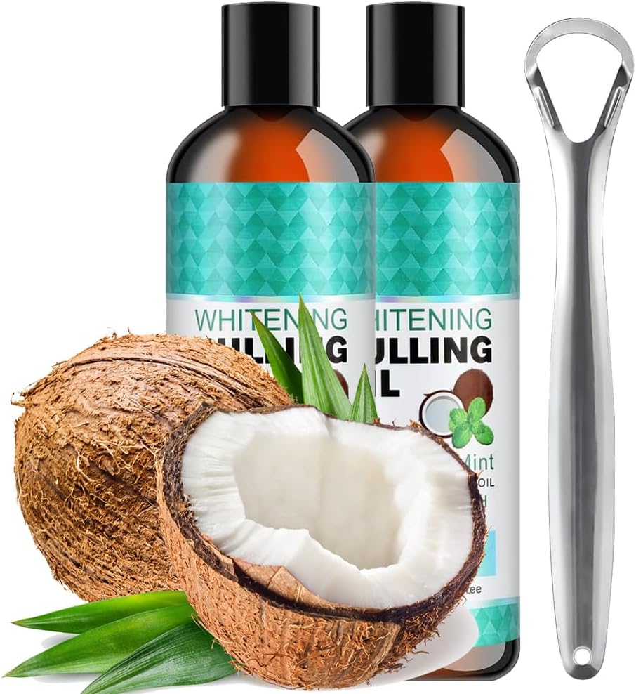 2PCS Coconut Pulling Oil,Coconut Pulling Oil for Teeth,Oil Pulling Coconut Oil, Mouthwash with Tongue Scraper,Coconut Oil Pulling for Oral Care, Fresh Breath, Healthy Gums