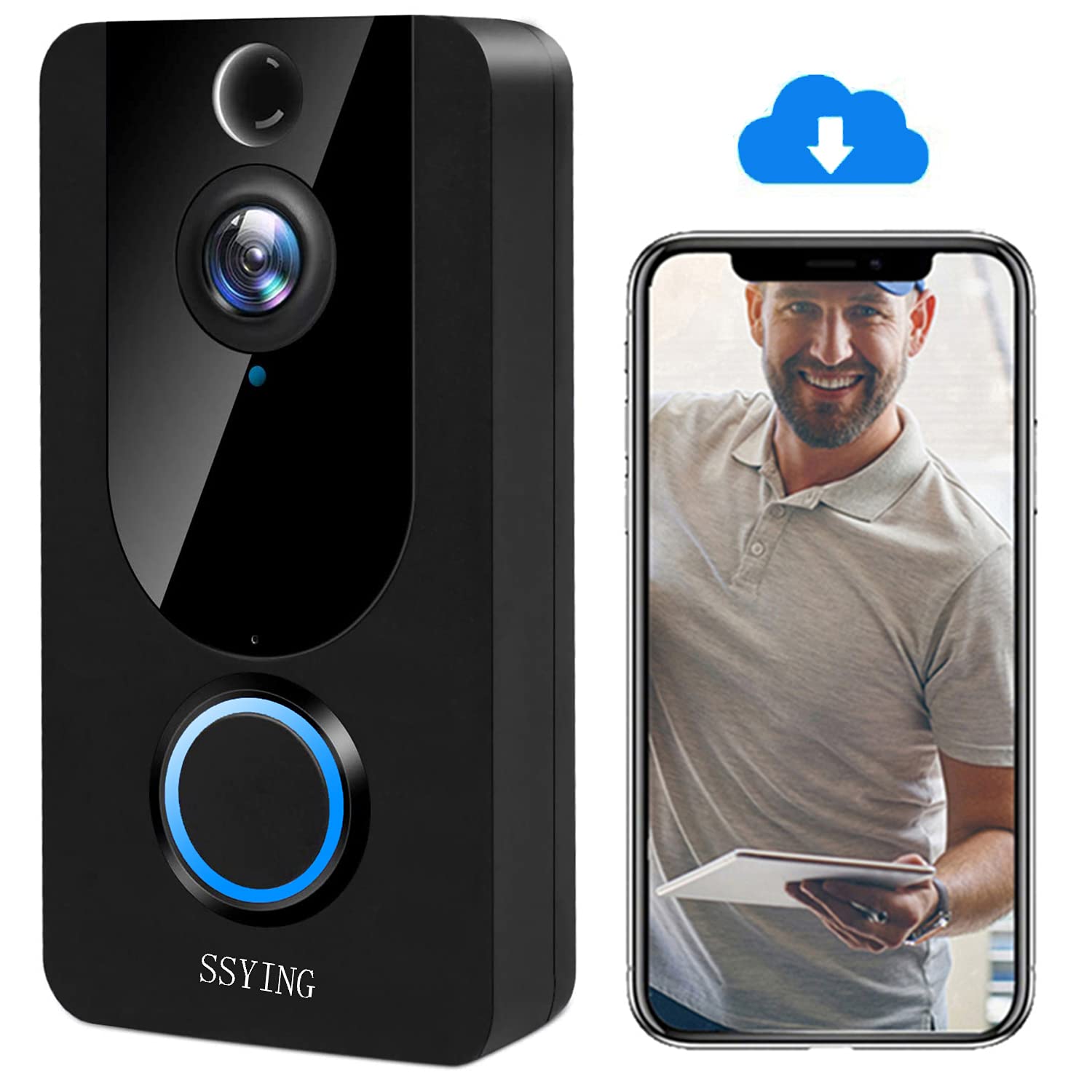 SSYING Video Doorbell Camera Wireless 1080P, PIR Motion Detection, 2-Way Audio, 166°Wide Angle, Night Vision, IP65 Weatherproof, Free Cloud Storage, Rechargeable Batteries