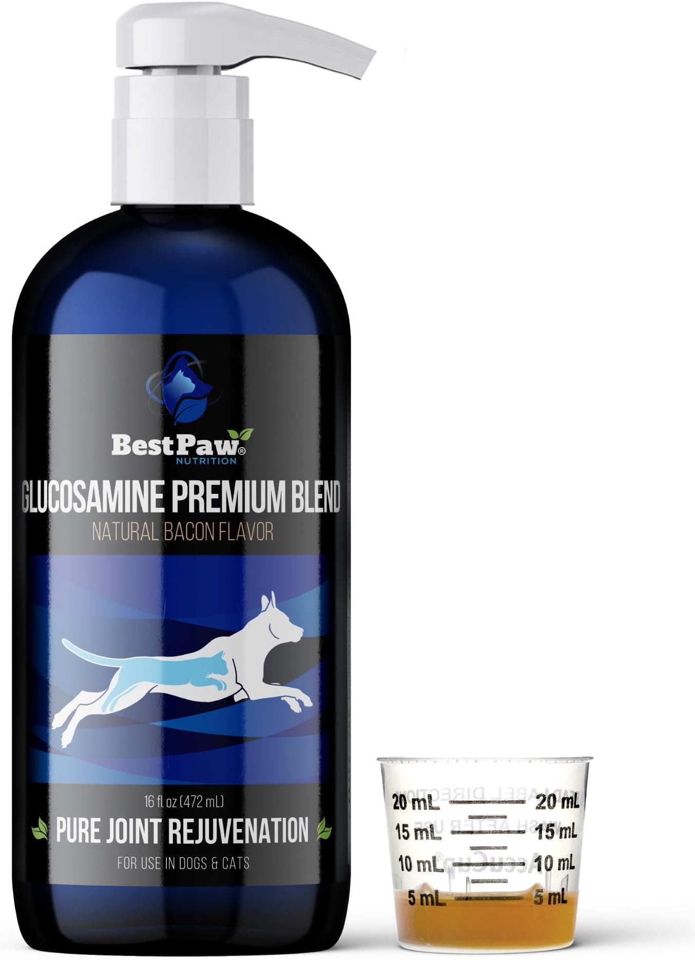 Best Paw Nutrition Liquid Glucosamine for Cats - Glucosamine Chondroitin MSM & Hyaluronic Acid Joint Supplement for Dogs & Cats - Bacon Flavored Liquid Pump - Supports Mobility & Joint Comfort - 16 oz