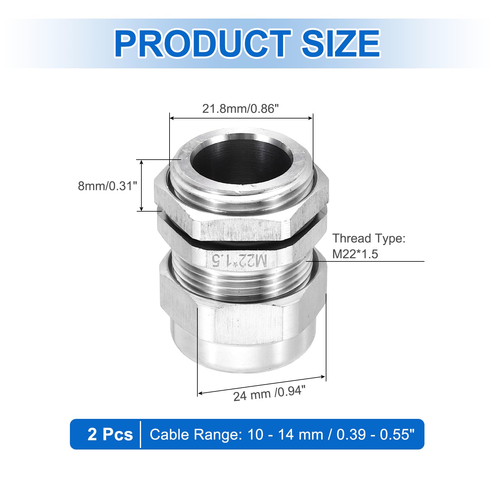 sourcing map Lot de 2 presse-étoupes M22 x 1,5 mm, étanchéité IP68 pour fil de 10 à 14 mm de diamètre, protecteurs de fils en acier inoxydable 304 pour fixation, câblage, réparation
