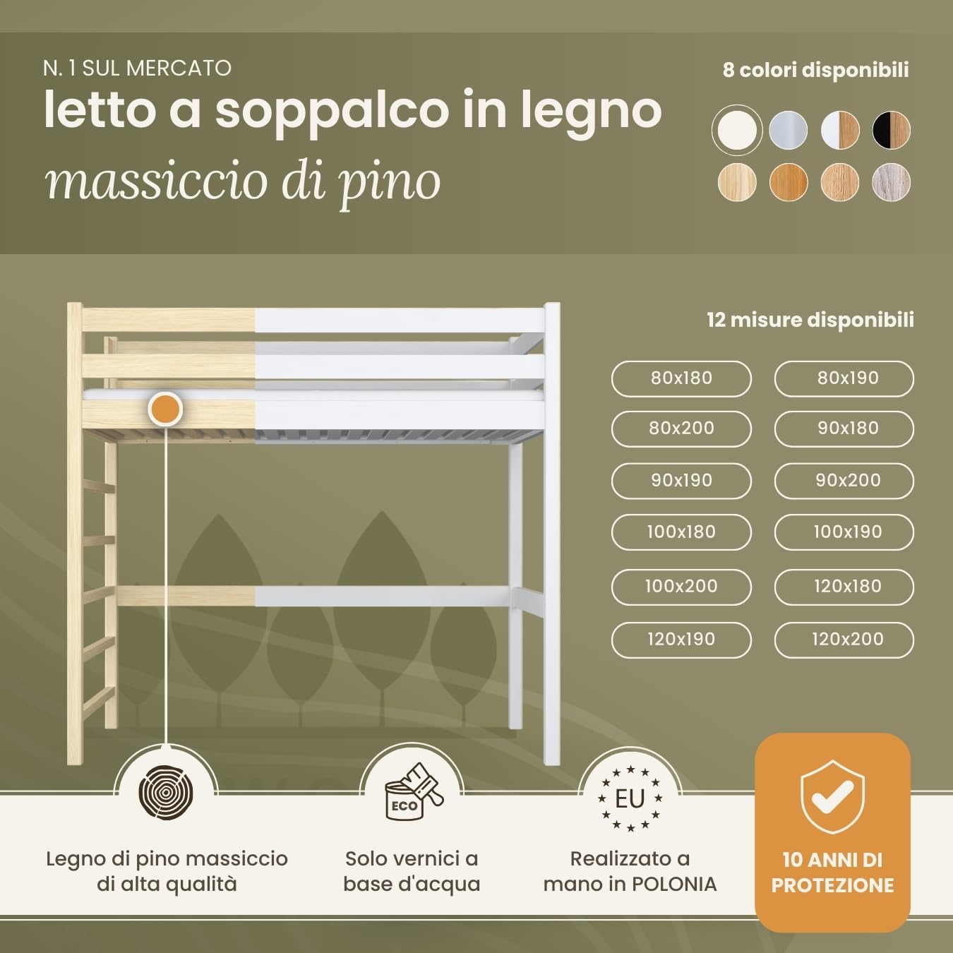 N01 Letto a Soppalco 90x180 cm, 100% Legno massello, Lettino per bambini e adulti, Scala universale: destra o sinistra, Struttura inclusa, Nessuna vite sporgente, Bianco