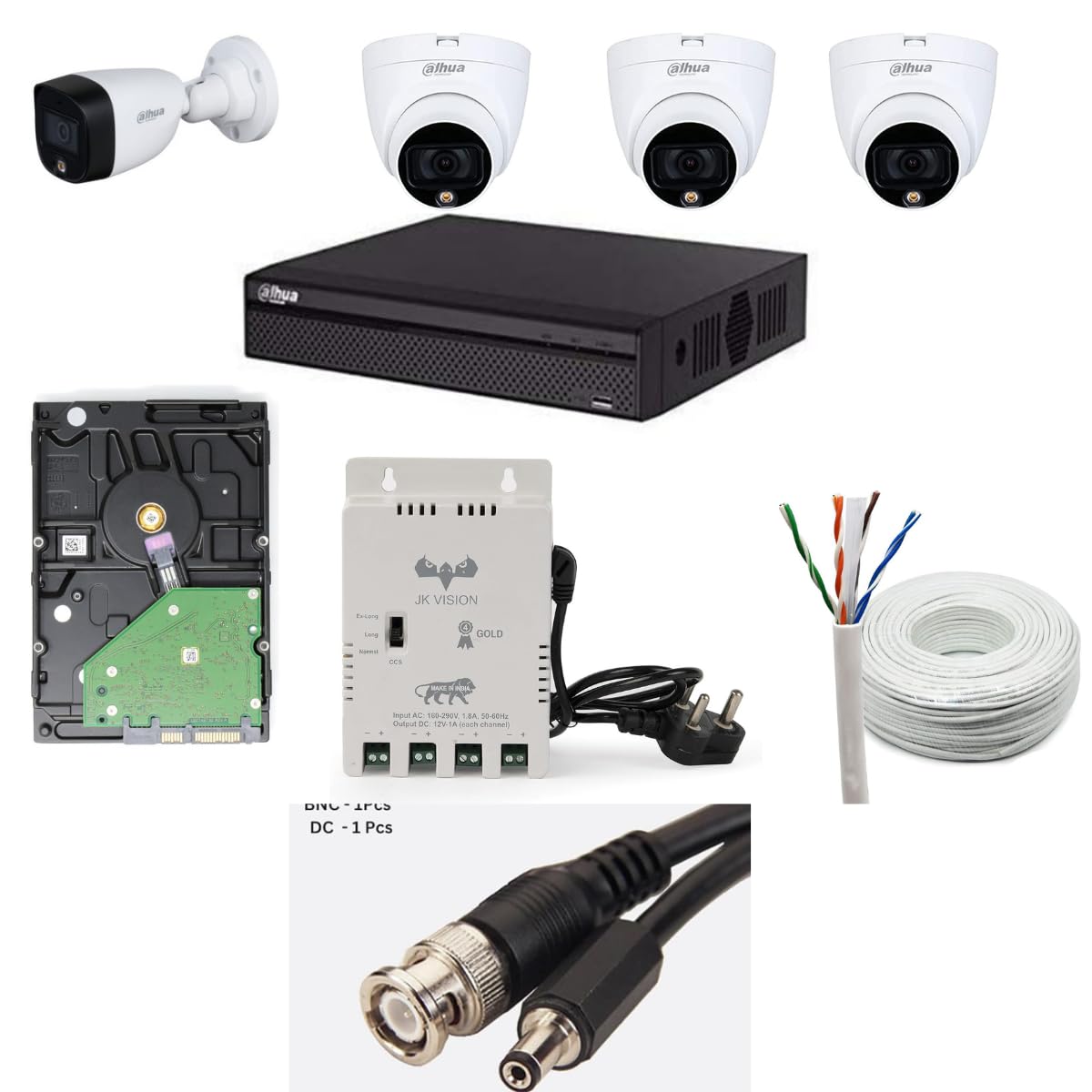 Dahua 2MP with Color HD with Audio CCTV Camera Full Set, 1 Bullet, 3 Dome, 4 Channel DVR, 4 Channel JK Vision Power Supply, 1TB Hard Disk, 90 Meter Cable, BNC/DC Connector