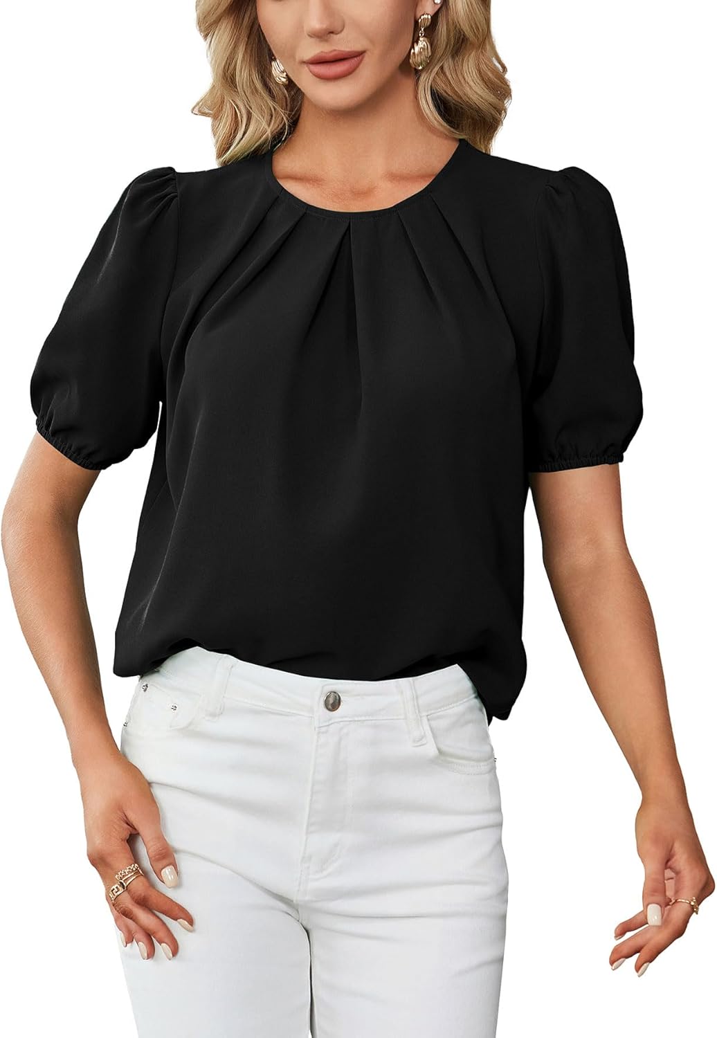 OPOIPIN Women's Pleated Crew Neck Puff Short Sleeve Blouse Shirt Top - Image 3