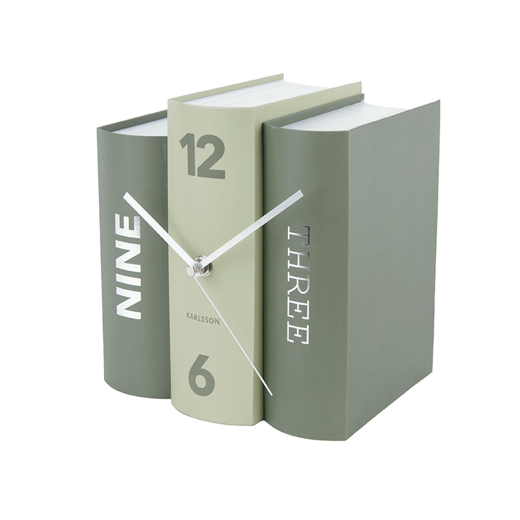 Karlsson KA5756GR Tischuhr, Trompe-L'Oeil-Bücher, Buch, Grün, Fester Karton und Metall, H20 x 20 x 15 cm