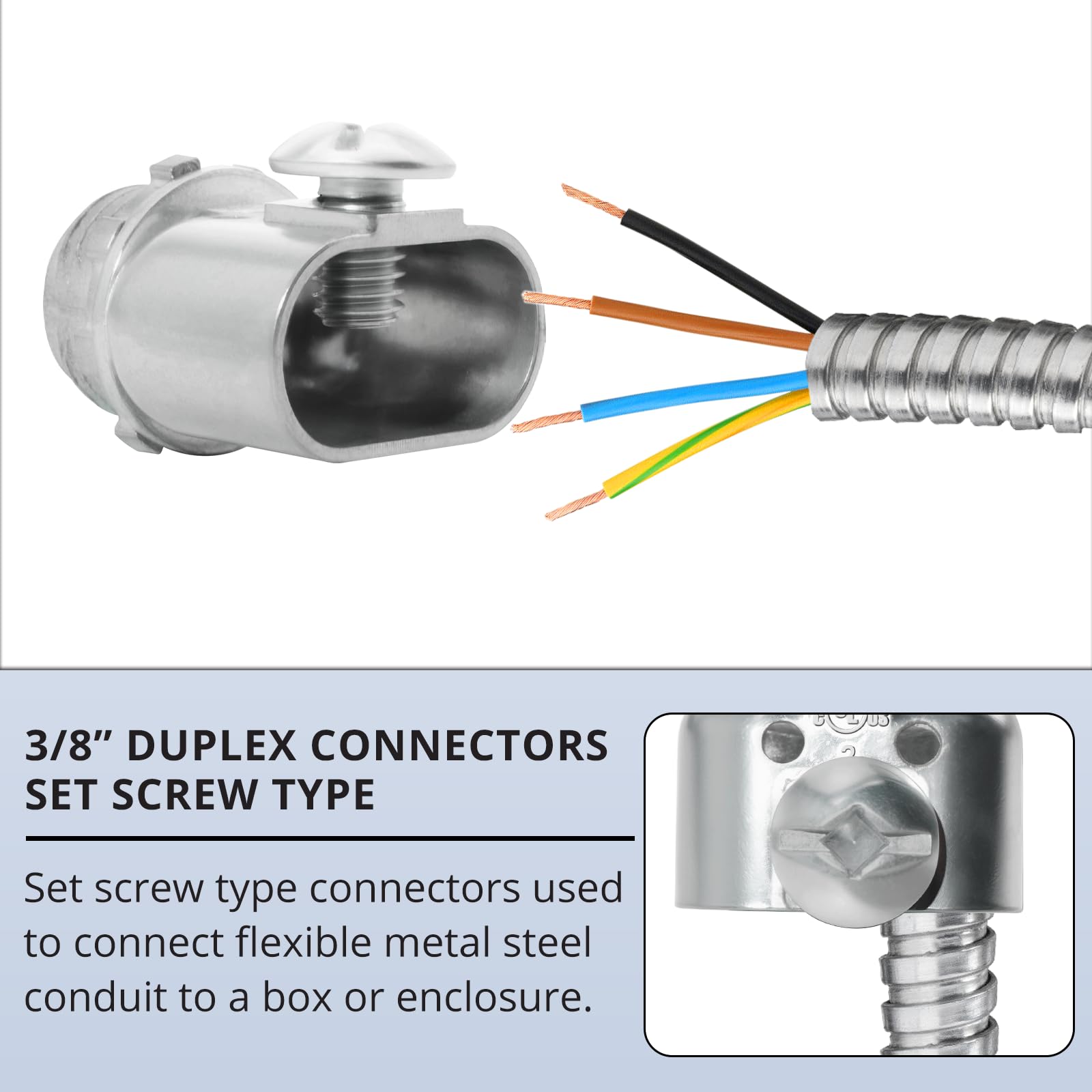 3/8 inch Zinc Die Cast Duplex connectors, Flex Wire Box Screw Type Connector for Flexible Metal Conduit AC,MC Cables to Box 5Pcs Silver — Amazon image 5