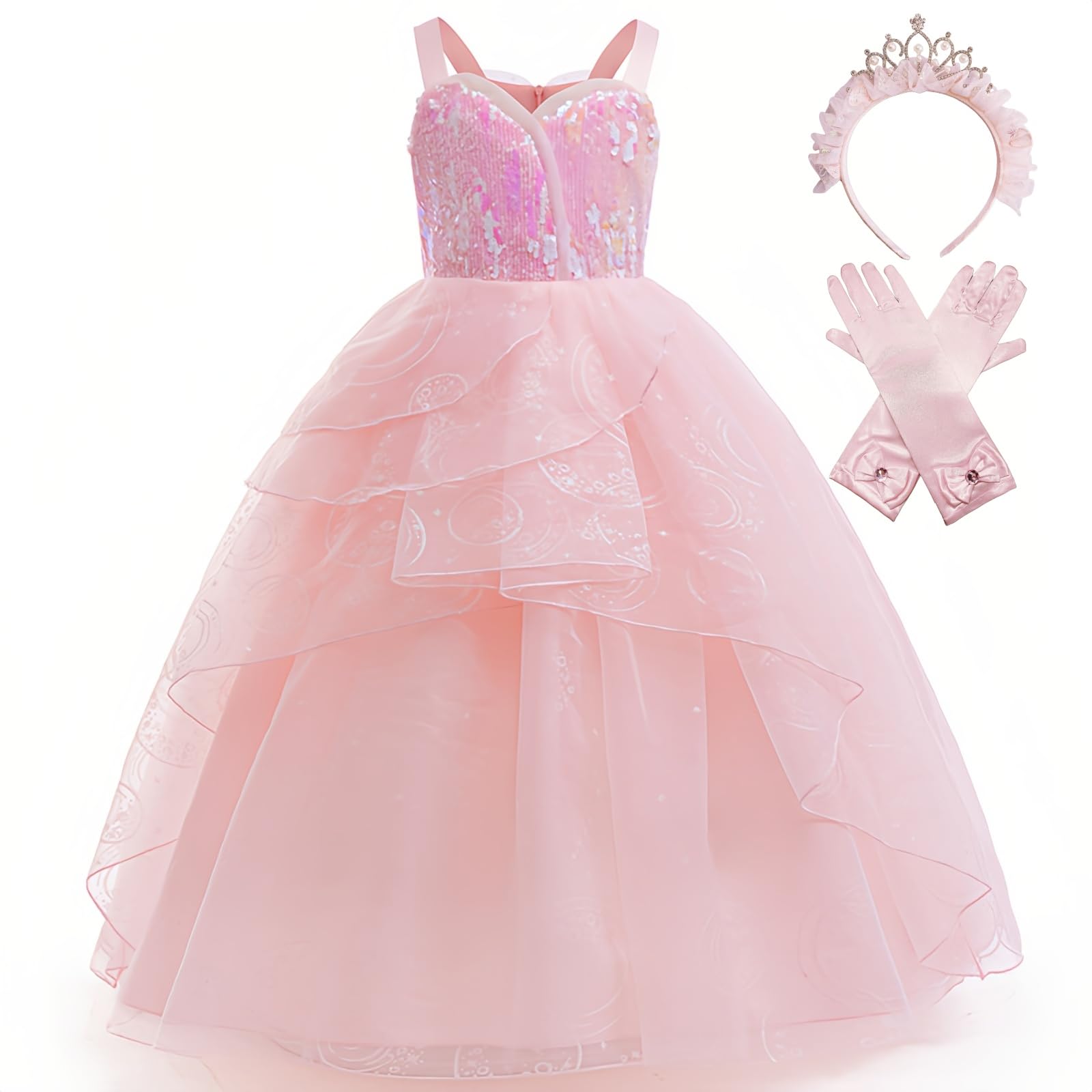 Glinda Costume Dress for Girls Pink Witch Halloween Cosplay Outfits With Crown and Gloves 4-14Y