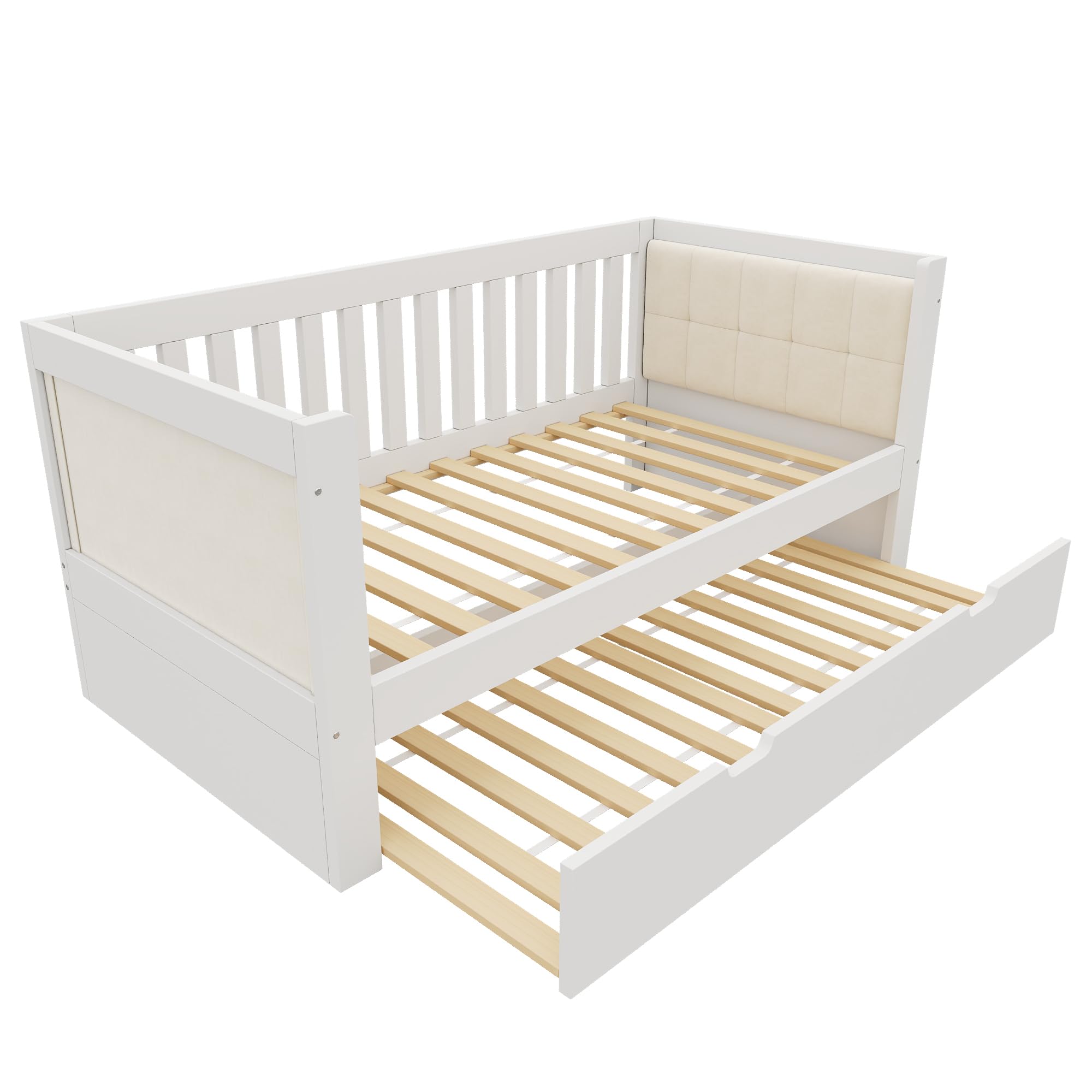 Soweiz Sofá cama blanco, madera, con reposabrazos redondeados, respaldo cómodo, perfecto para apartamentos pequeños, fácil montaje, sin colchón (90 x 200 cm con cama nido)