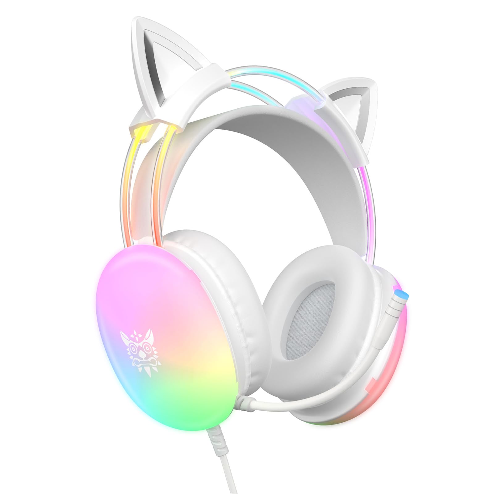 Cuffie da gioco con orecchie di gatto con microfono, illuminazione arcobaleno RGB, suono surround, cuffie over-ear cablate da 3,5 mm per PC/interruttore/laptop, fascia leggera e regolabile