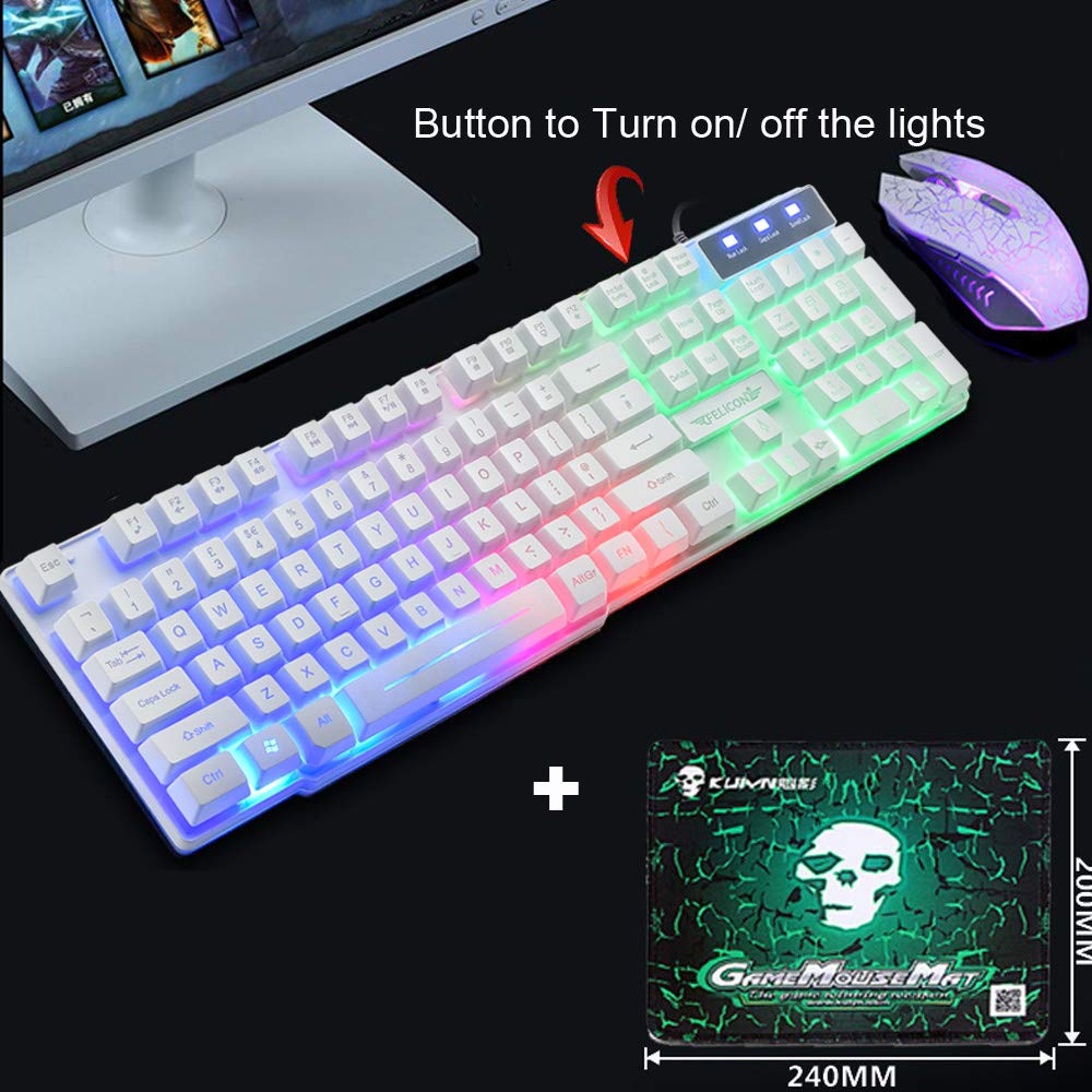 set di tastiera e mouse per videogiochi, tastiera e mouse con retroilluminazione a LED arcobaleno,con 6 pulsanti 2400DPI, mouse ottico arcobaleno e tappetino per mouse