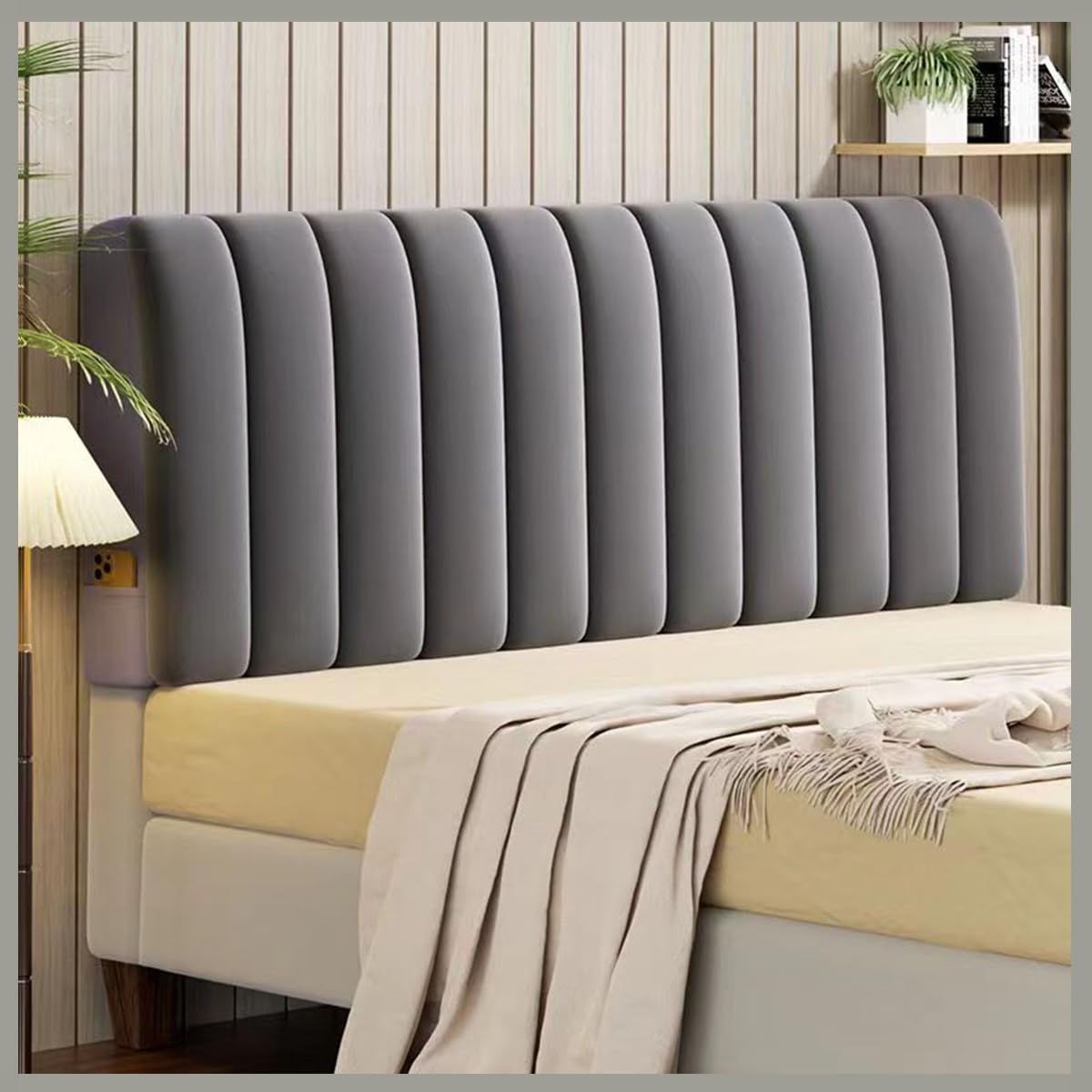 Copritestiera Imbottito In Velluto - Per Letti Matrimoniali E Singoli, Con Taschina Per Telefono, Antigraffio - Foto 2