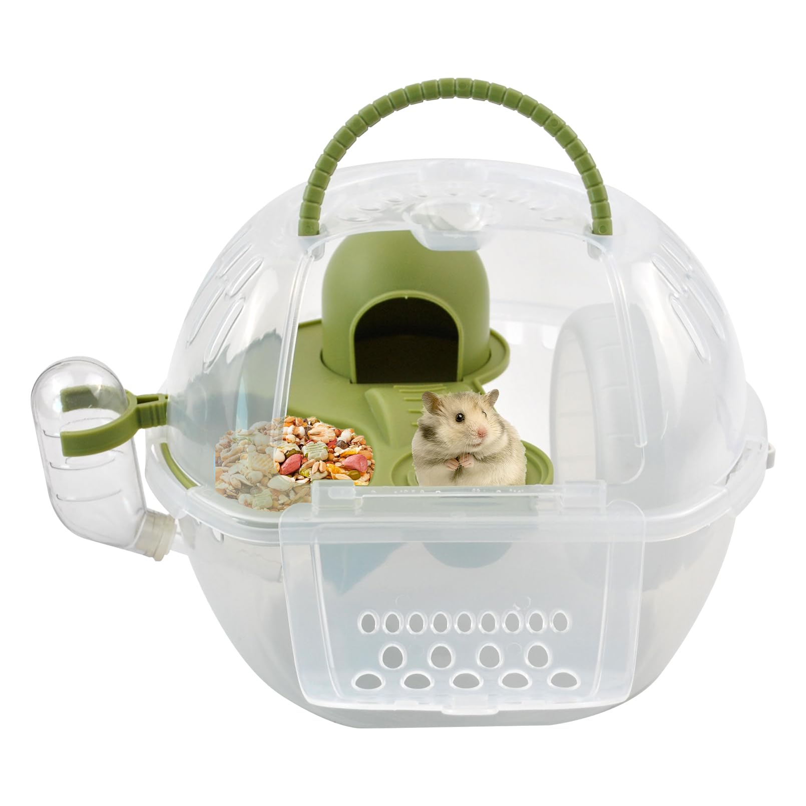MUYG Dwarf Hamster Travel Carrier,Portable Hamsterl Cage Carrier with Silent Exercise Wheels Water Bottle Food Dish 2 Tiers Small Animal Breathable