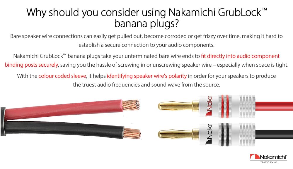 Nakamichi Pozłacany wtyk bananowy 24K 12-18 AWG Rozmiar miernika 4mm do podłączania kabli do kolumn hifi, wzmacniaczy, amplitunerów AV, systemów audio (48 sztuki, wtyczka bananowa) | Rozmiar 4 mm do głośników, wzmacniacza, odbiornika Hi-Fi, stereo, kabla