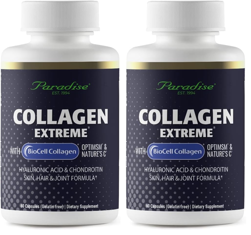 Paradise Herbs Collagen Extreme with Biocell Collagen, Hyaluronic Acid, and Nature's C, for Healthy Hair, Skin, and Joints, 60 Capsules (Pack of 2) 60 Count (Pack of 2)