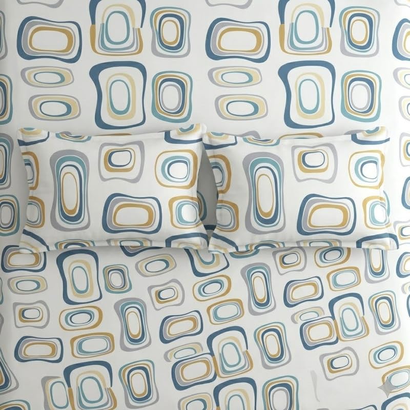 Image of Cotton Bolls Textiles Glace Cotton Fitted Bedsheet 72x72x6 Inch with 2 Pillow Covers - Soft Breathable Fabric, Elastic All Around, Printed Bedding for Double Bed