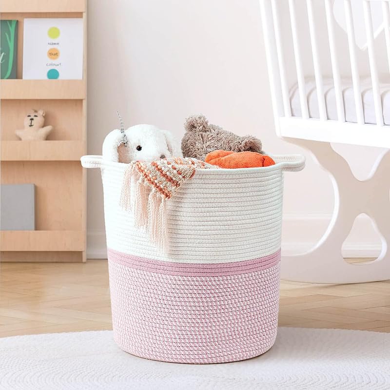 Image of Large Basket Natural Cotton Rope Storage Basket and Hamper for Cloths and Multi Usage in Living Room, Bedroom, Laundry Room (Size - 14 inch x 14 inch x 18 inch) (Pink Mix)