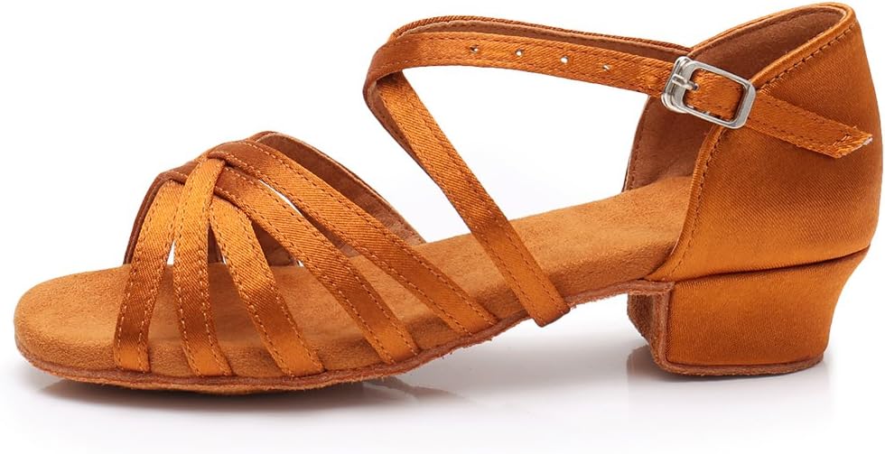 HROYL Girl's Satin Ballroom Dance Shoes Latin Salsa Performance Dance Shoes for Little/Big Kids LP-202 Brown 7.5(M) US Bid Kid