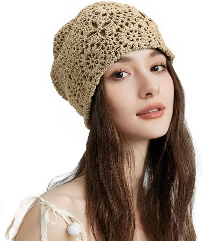 100% Cotton Crochet Beanie Hat Handmade Knit Slouchy Floral Skull Hat Knitted Openwork Summer hat for Women