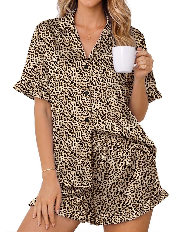 Image of Ekouaer Womens Satin Pajamas Set 2 Piece Button Down Silk Pjs Ruffle Short Sleeve Shorts Set Notch Collar Sleepwear