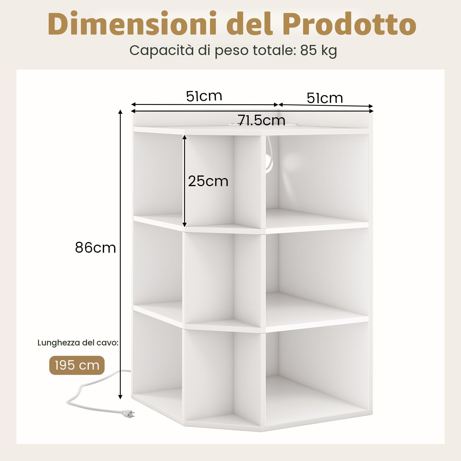 GIANTEX Libreria Angolare Triangolare con 3 Ripiani e 9 Vani Aperti, Presa di Ricarica Integrata, 51 x 71,5 x 86 cm, per Soggiorno e Studio (Bianco)