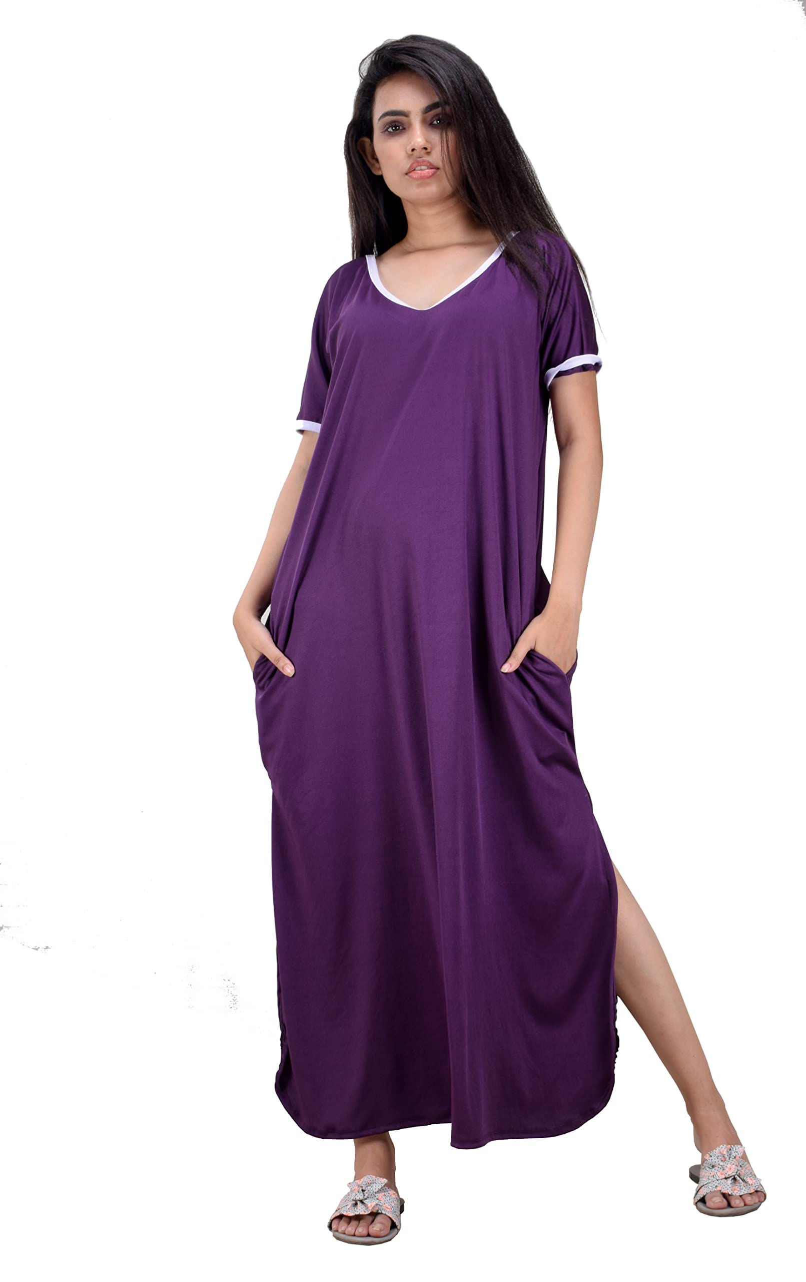 CLYMAA Women Spandex and Polyester Kaftan Style Long Nighty/Night Gown/Night Dress/Nightwear with Two Side Pocket
