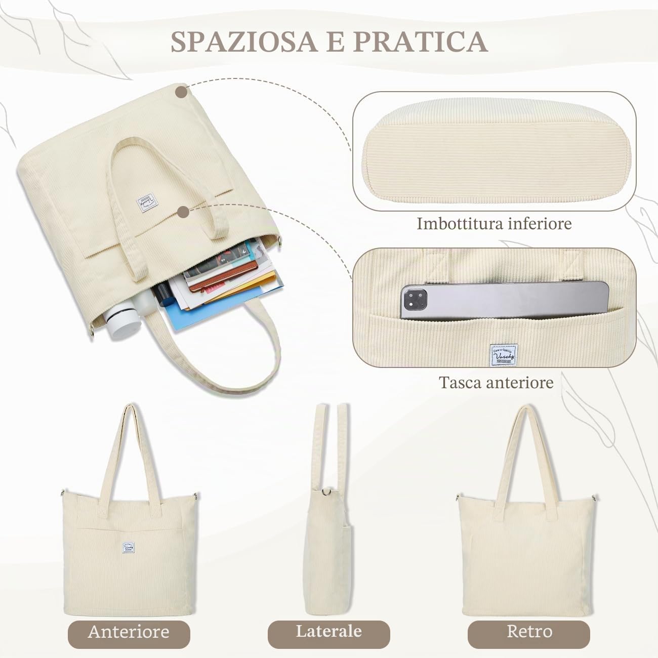 VASCHY Tote Bag, Borsa Donna Grande Borsa Università Donna Velluto a Coste Borsa Mare Borsa da Viaggio/Shopping/Lavoro/Ufficio/Scuola Regalo di Natale