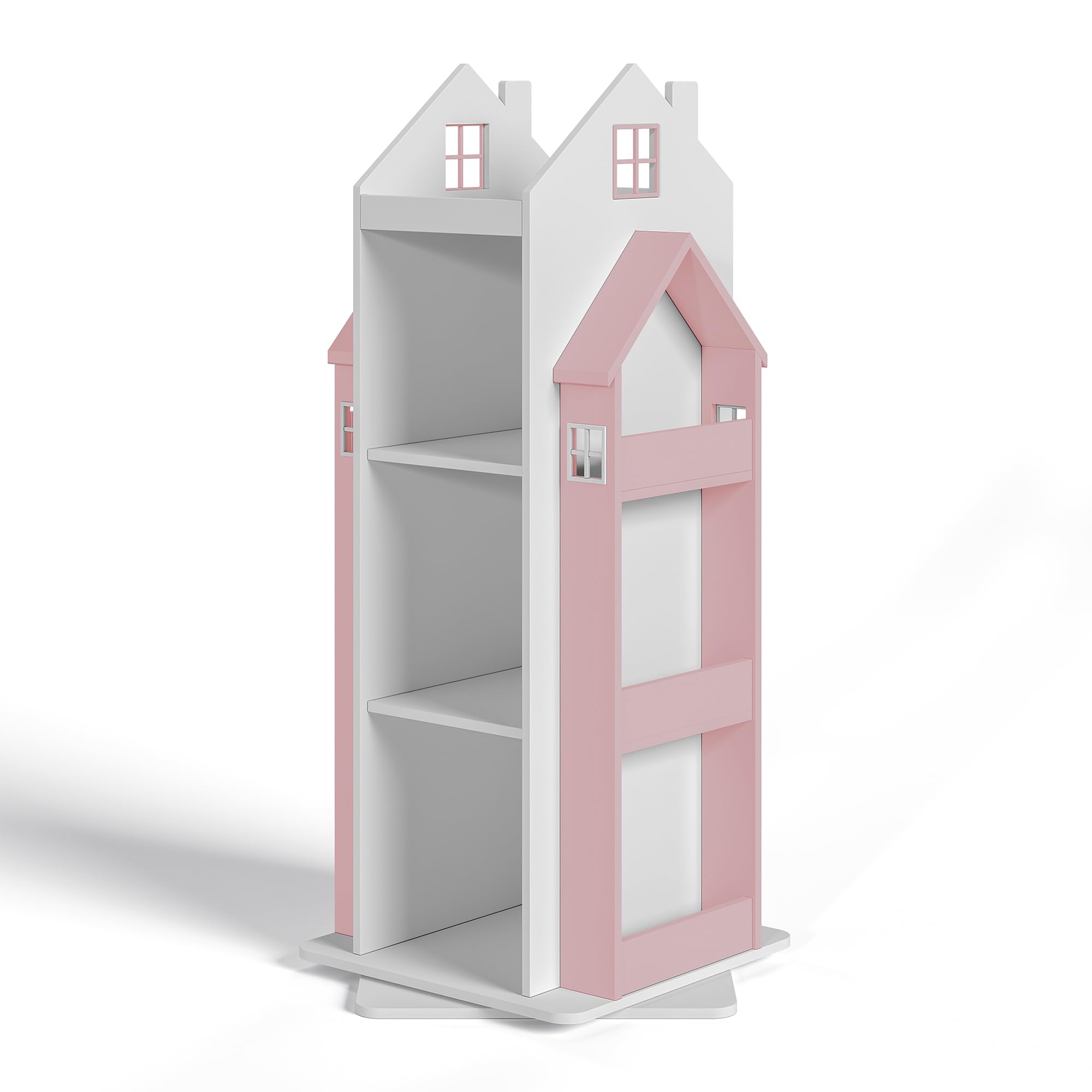 [en.casa] Scaffale Girevole per Cameretta a Forma di Casetta Libreria Rotante per Bambini con Ripiani e Porta Libri Laterali 108x40x40 cm Rosa/Bianco