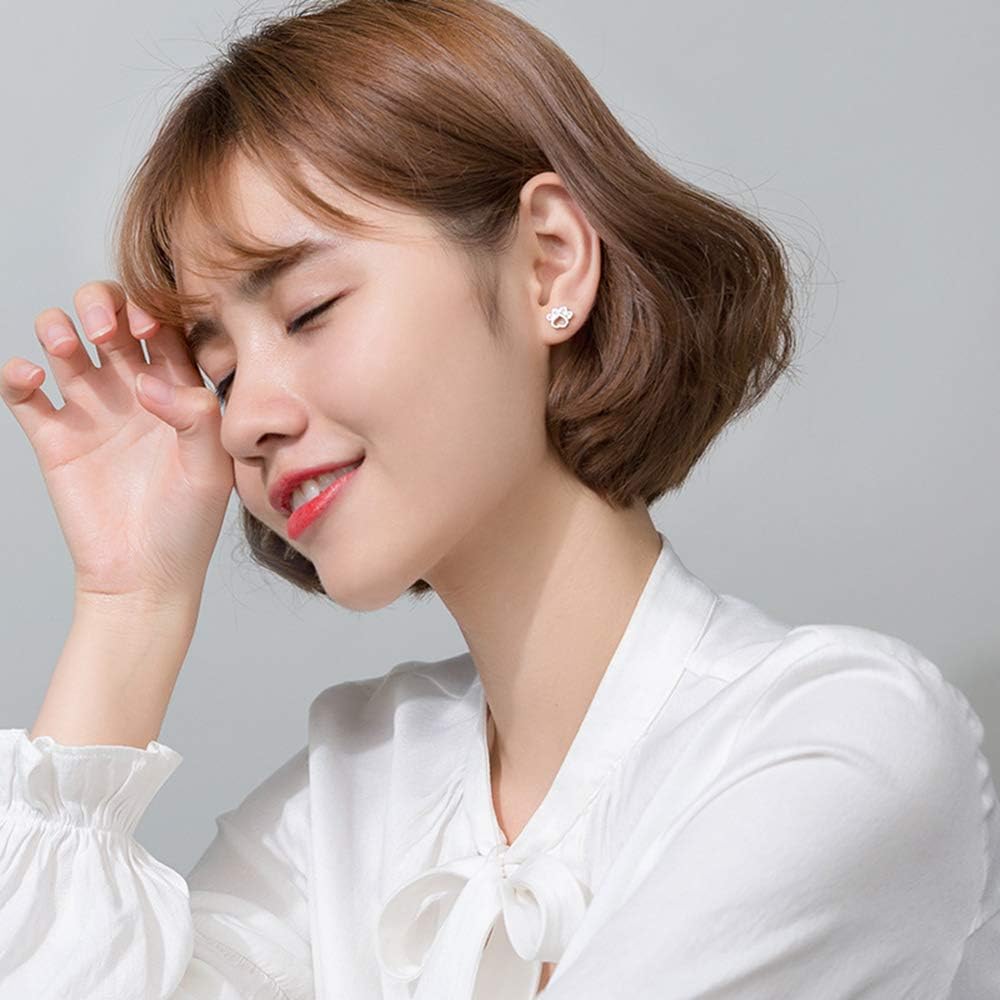 Pink CZ Puppy Paw Print Stud Earrings Sterling Silver S925 for Women Girls Cute Crystal Rhinestone Dog Cat Pet Kitten Paws Small Earring Ear Piercing Studs Hypoallergenic Jewelry - Image 2