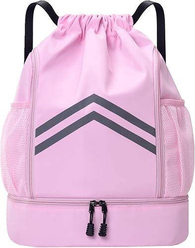 Mochila deportiva con cordón, bolsa de gimnasio resistente al agua con compartimento para zapatos y bolsillos para botella de agua, bolsa con cordón