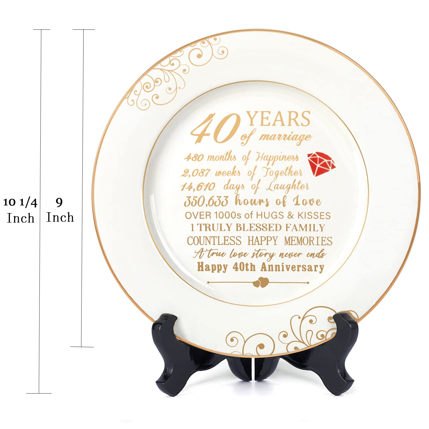 Urllinz 40th Anniversary Wedding Gifts for Wife - 40 Year Anniversaty Plate with 24k Gold Foil, Happy Decorations for Couple Parents Him Her Husband, Ceramic 9"