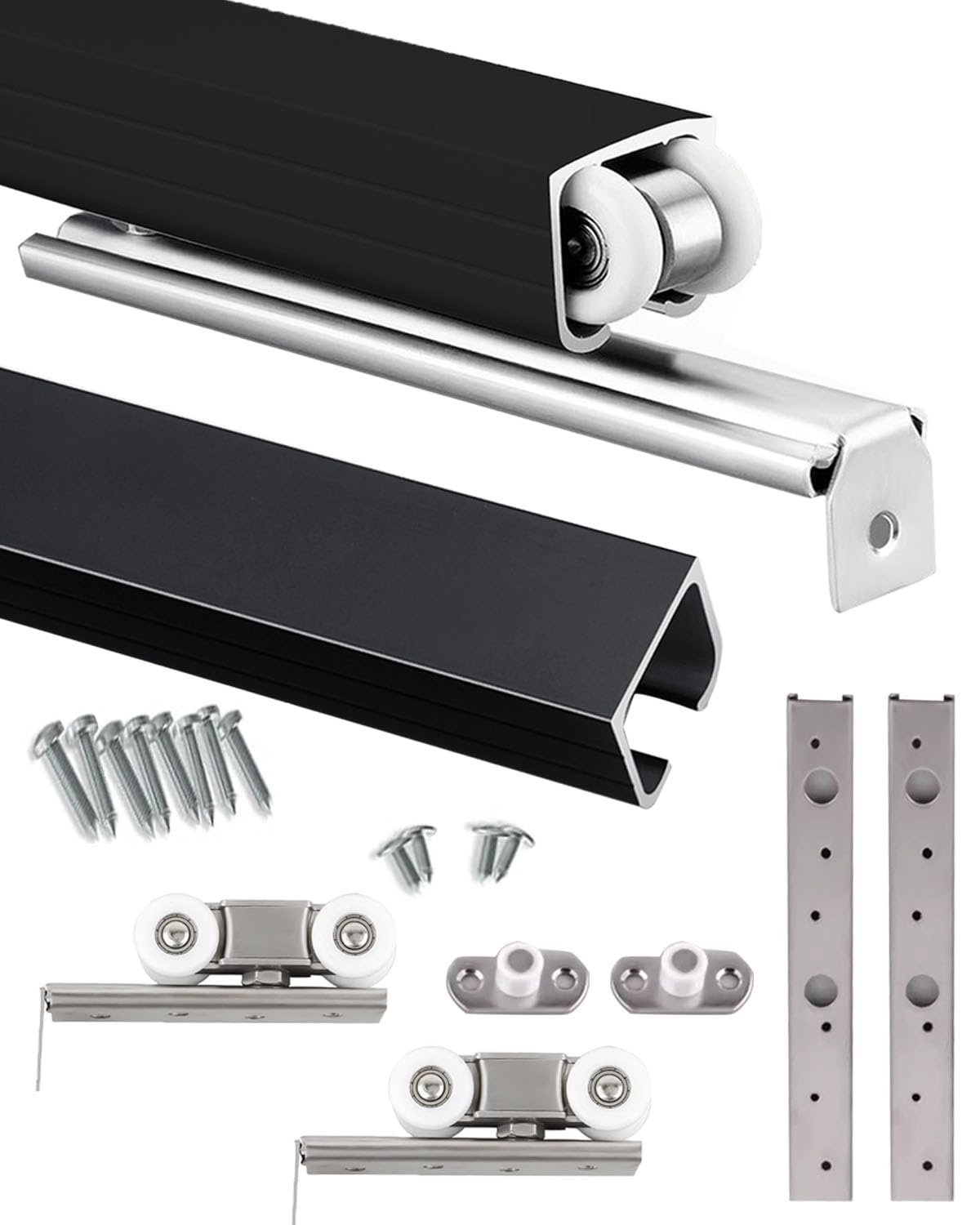 Kit de puerta corredera negra ajustable de 76 a 300 cm, perfecto para puertas individuales, dobles, triples o cuádruples, incluye sistema de riel para puertas correderas lisas de armario.