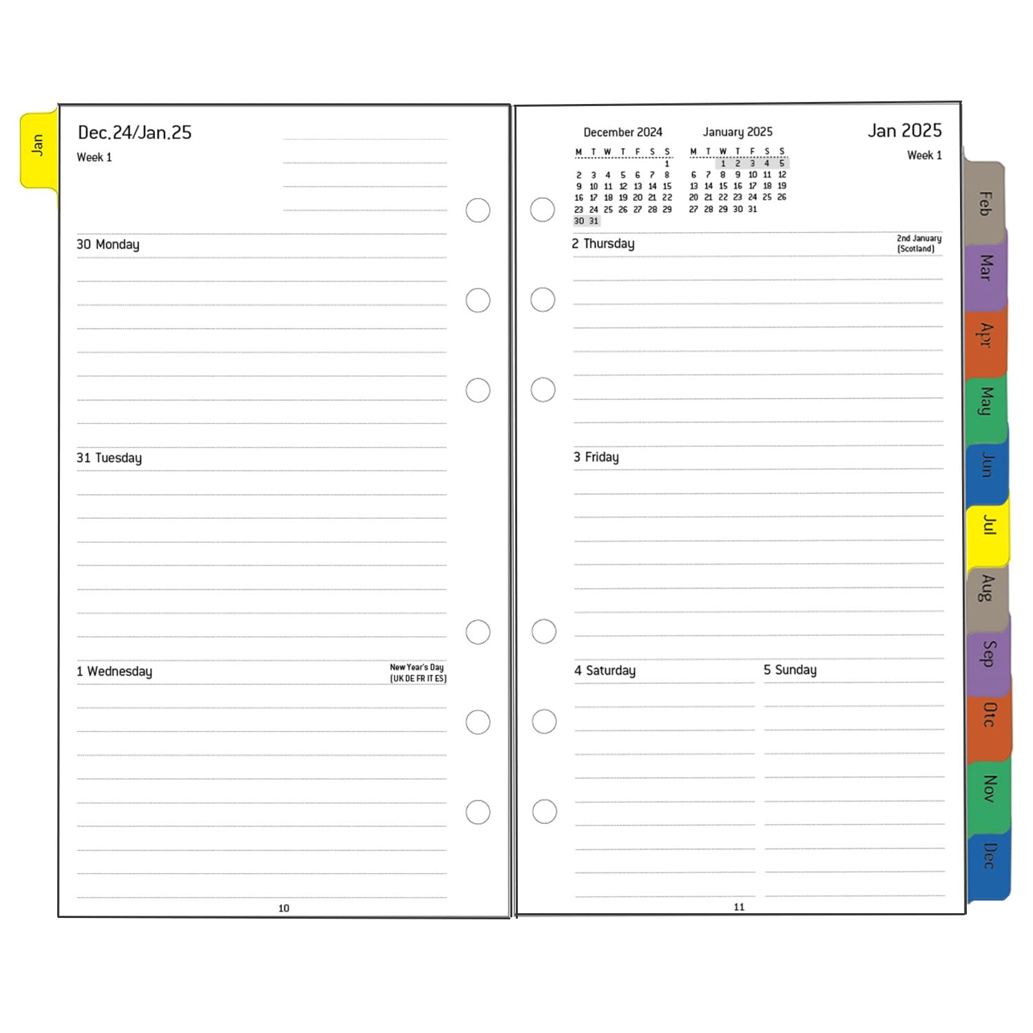 Recambio Agenda 2025 Semana Vista, 95 x 171 mm, Agenda Personal con Separadores de 12 Meses, Hojas de Budget Notas Contacto, Enero 2025 - Diciembre 2025, Papel Grueso, 100gr
