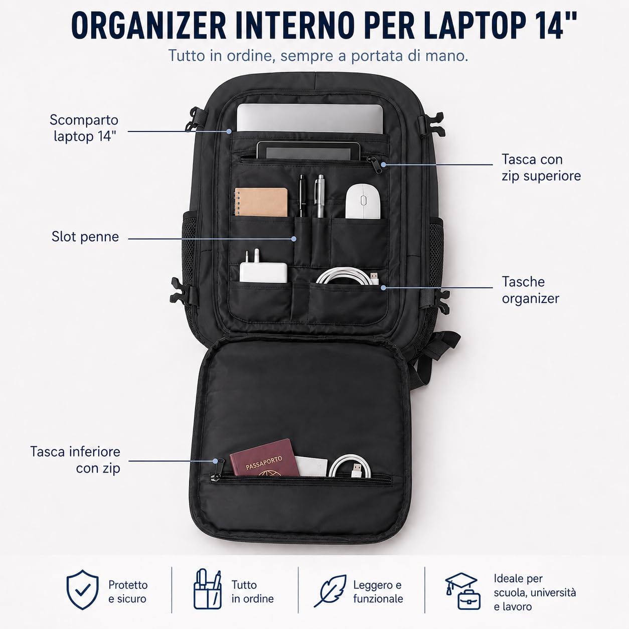 ENERGY GROUP Zaino Viaggio 45x36x20 EasyJet e Ryanair, Bagaglio a Mano 30L, Zaino Cabina Uomo Donna, Apertura 180°, Impermeabile, Porta PC 14”, Casual per Viaggio e Lavoro, Compagnie Low Cost– Nero