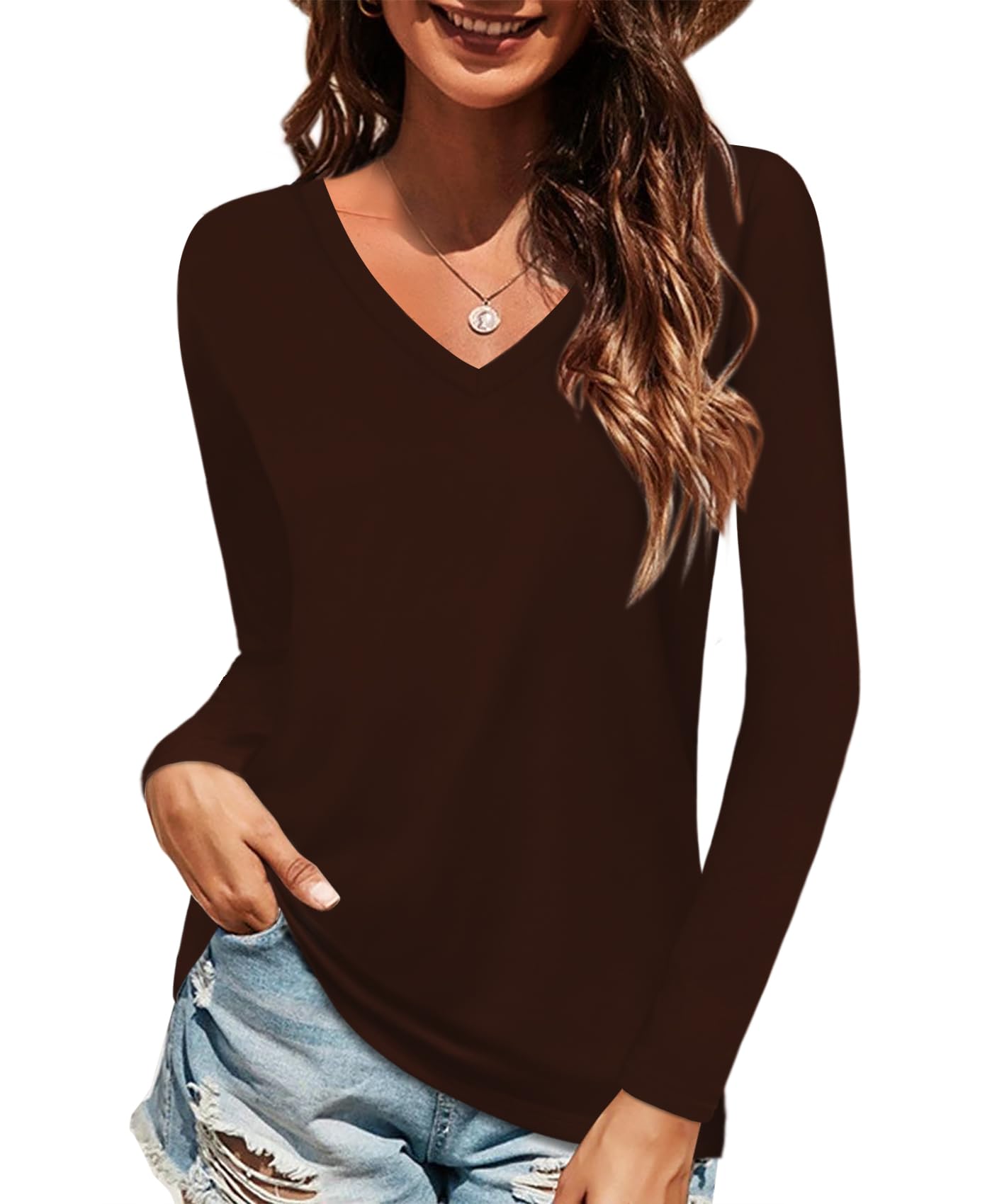 Women's Cotton V Neck T Shirts Casual Long Sleeve Tops Basic Tees