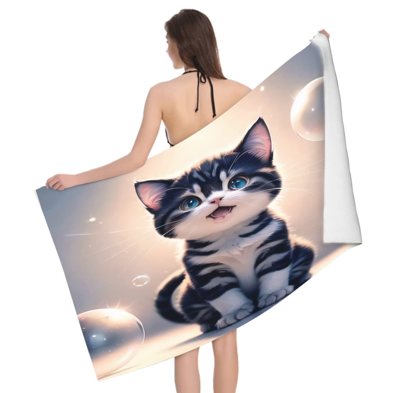 Serviette de Plage 100x200 Chat 3D, Femme Homme, 3D Mignonne Serviette de Bain Grande Microfibre Séchage Rapide Absorbant Drap de Plage pour Bain Voyage Camping