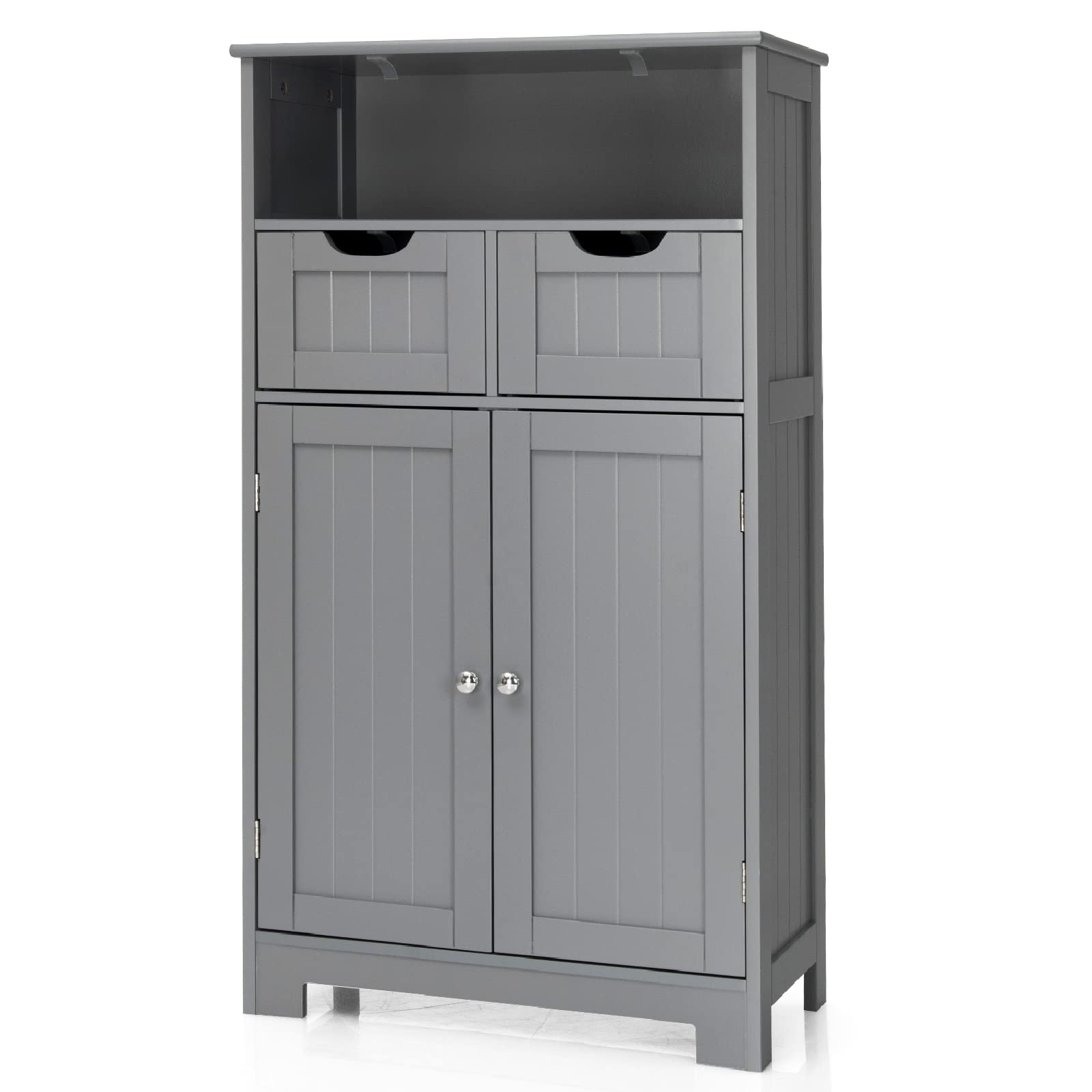 COSTWAY Bathroom Floor Cabinet, Wooden Free Standing Storage Cupboard with Adjustable Shelf, 2 Drawers and Doors, Home Living Room Hallway Organiser Unit (Grey)