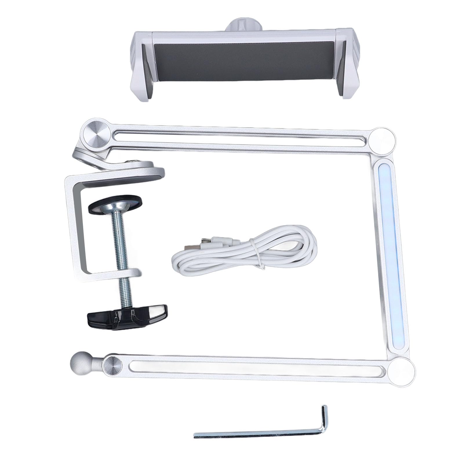 Soporte para Teléfono para Escritorio, Cama, Rotación de 360 ​​Grados, Brazo Largo Ajustable, Soporte para Teléfono Celular, para Tableta con Abrazadera y Luz Ajustable, Plegable y Portátil