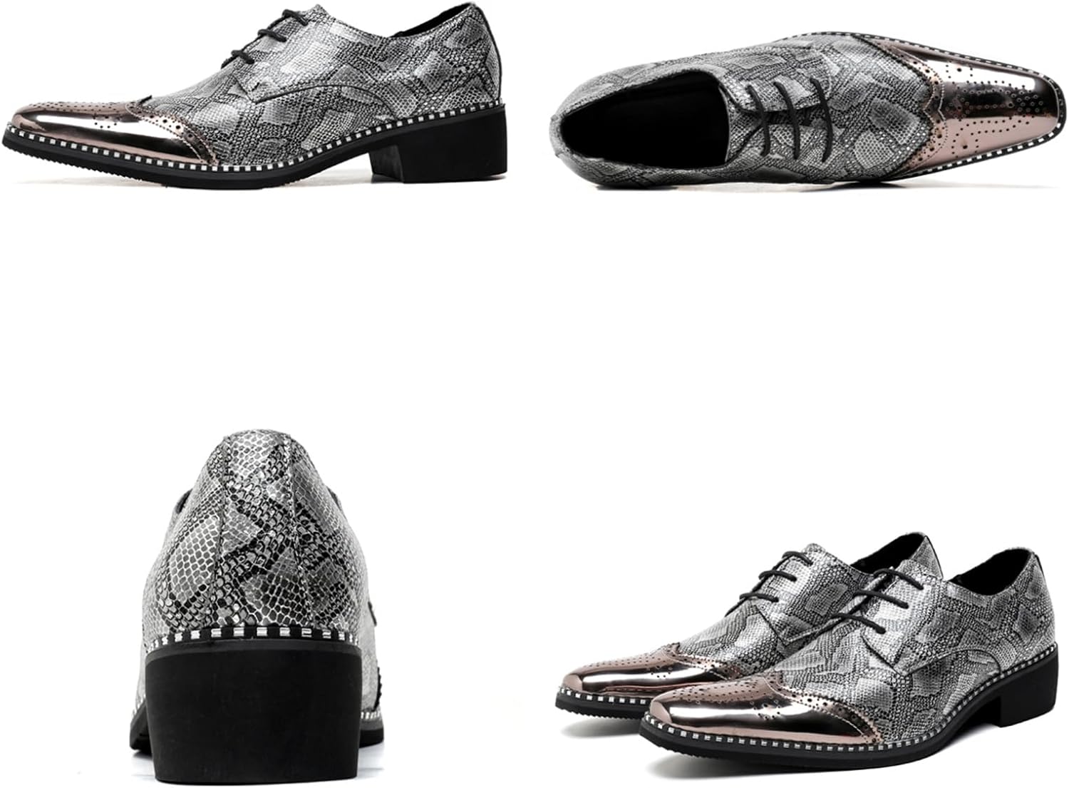 Men's Genuine Leather Snakeskin Lace-Up Dress Oxford Shoes with Chunky Heel Metal Pointed Toe Gold Accents Lightweight Soft Derby Shoes for Formal Weddings Parties Formal Events Nightlife - Image 4