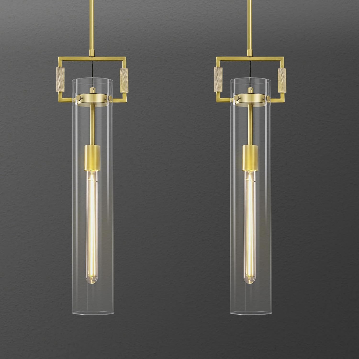 Brass Pendant Lights,Modern Glass Pendant Lights Kitchen Island 2 Pack,21.6'' Farmhouse Gold Kitchen Pendant Lighting Over Island for Dining Table,Bathroom,Bedroom Brass- 21.6in -2PC