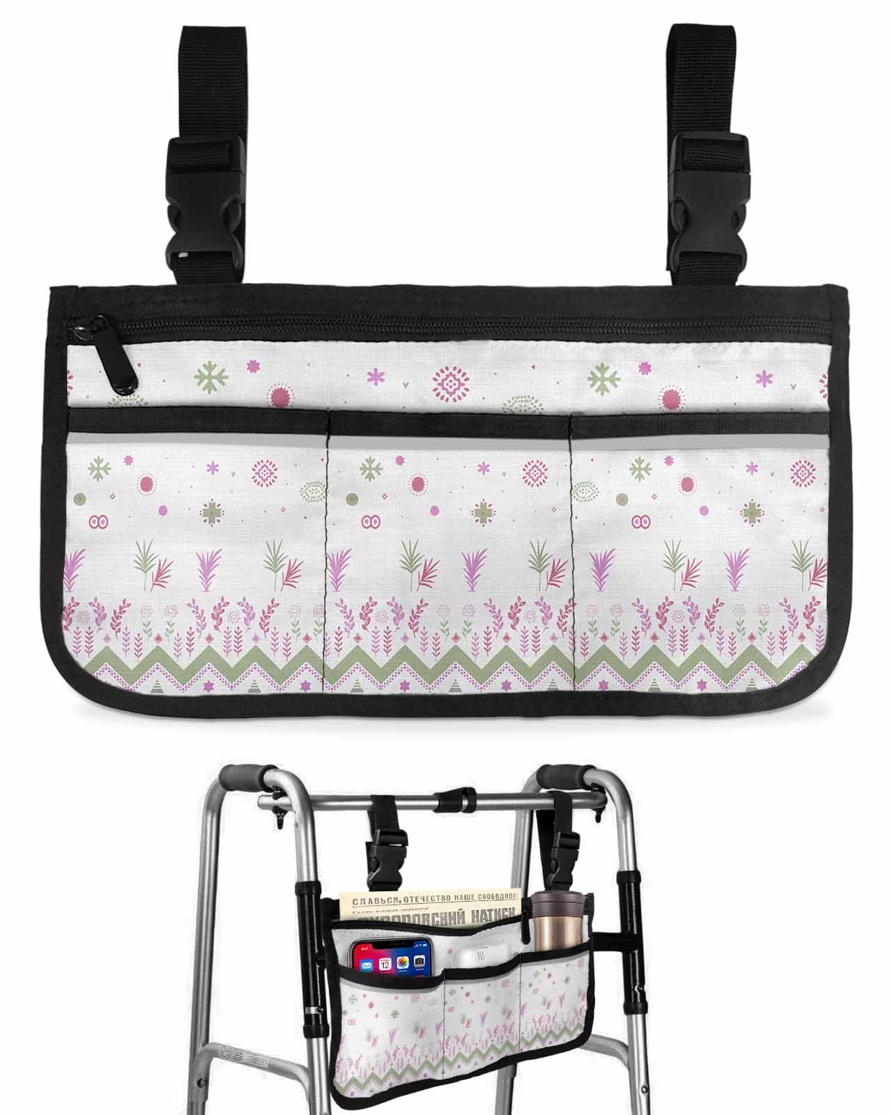 Anzona Boho Pink Botanical Wheelchair Side Bag Walker Bag, Abstract Tribe Native Floral Wheelchair Accessories Armrest Pouch, Organizer Storage Bag for Walkers, Rollators, Scooters, 7.3''x13''